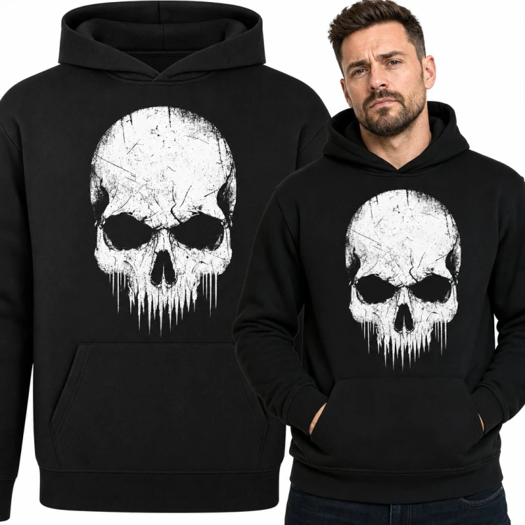 Bluza męska z kapturem - biała czaszka grunge z ociekającymi zaciekami