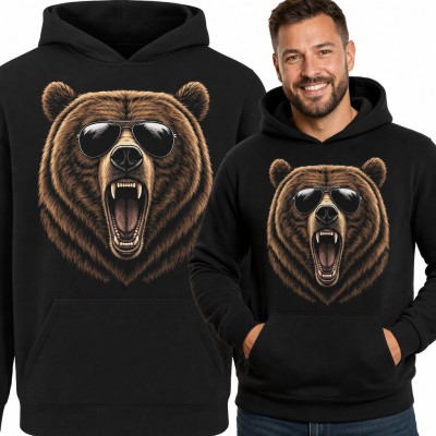 Bluza męska z kapturem - ryczący niedźwiedź grizzly w okularach pilotkach