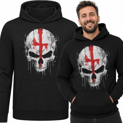 Bluza męska z kapturem - biała czaszka z czerwonym odwróconym krzyżem