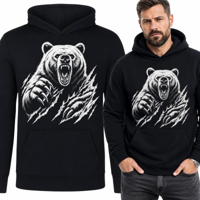 Bluza męska z kapturem - ryczący niedźwiedź grizzly z pazurami rozdzierającymi tkaninę