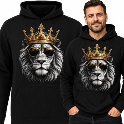 Bluza męska z kapturem - lew w złotej koronie i okularach