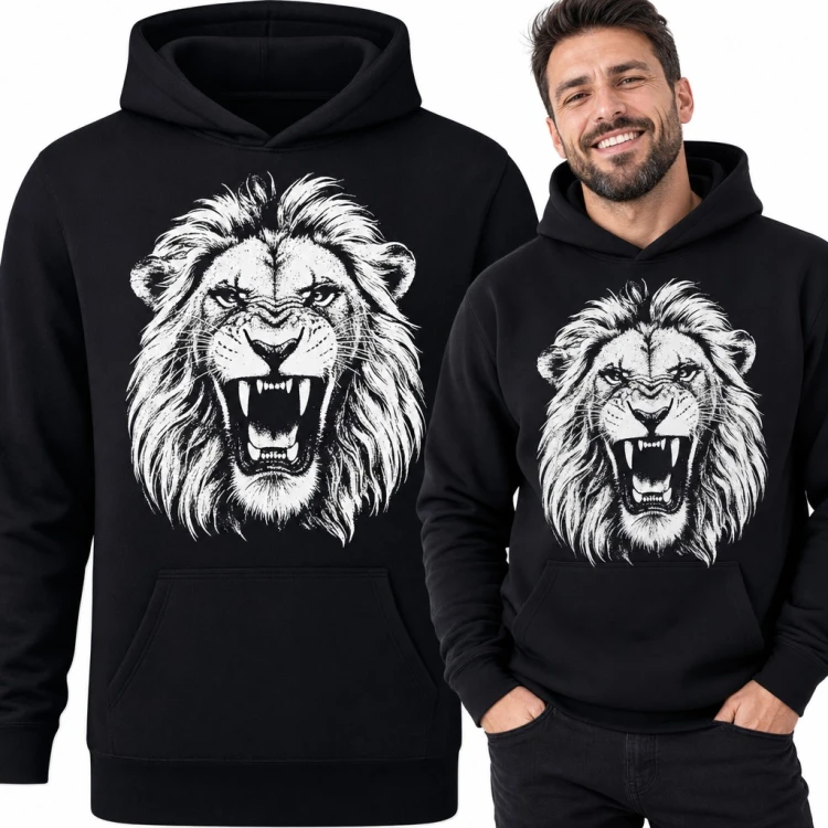 Bluza męska z kapturem - ryczący lew z bujną grzywą
