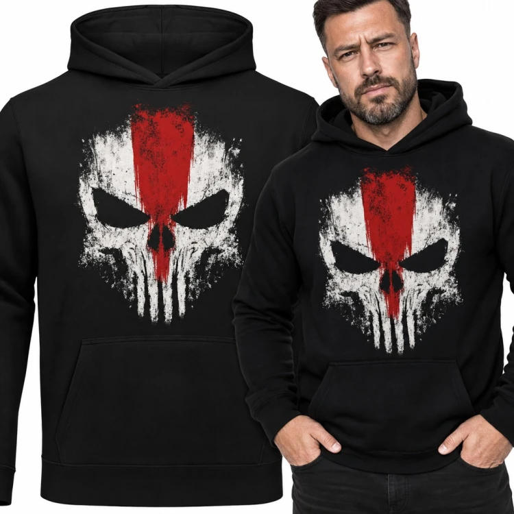 Bluza męska z kapturem - czaszka grunge z czerwonym pasem w stylu Punisher