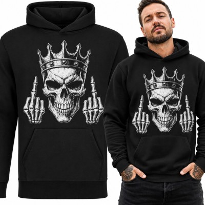Bluza męska z kapturem - czaszka w koronie i szkieletowe dłonie ze środkowym palcem