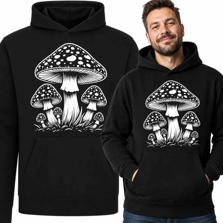 Bluza męska z kapturem - muchomory w trawie dla grzybiarza