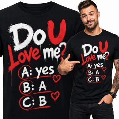 Koszulka męska z miłosnym quizem „Do U Love me?” - serca i graffiti