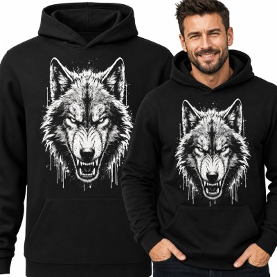 Bluza męska z kapturem - warczący wilk z obnażonymi kłami w stylu ink splash