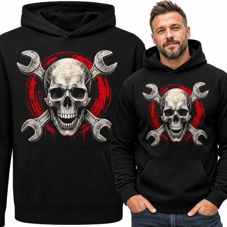 Bluza męska z kapturem - czaszka mechanika z kluczami płaskimi na czerwonym tle