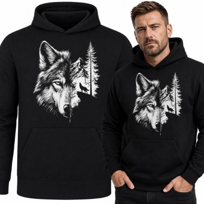 Bluza męska z kapturem - wilk i leśny krajobraz z górami