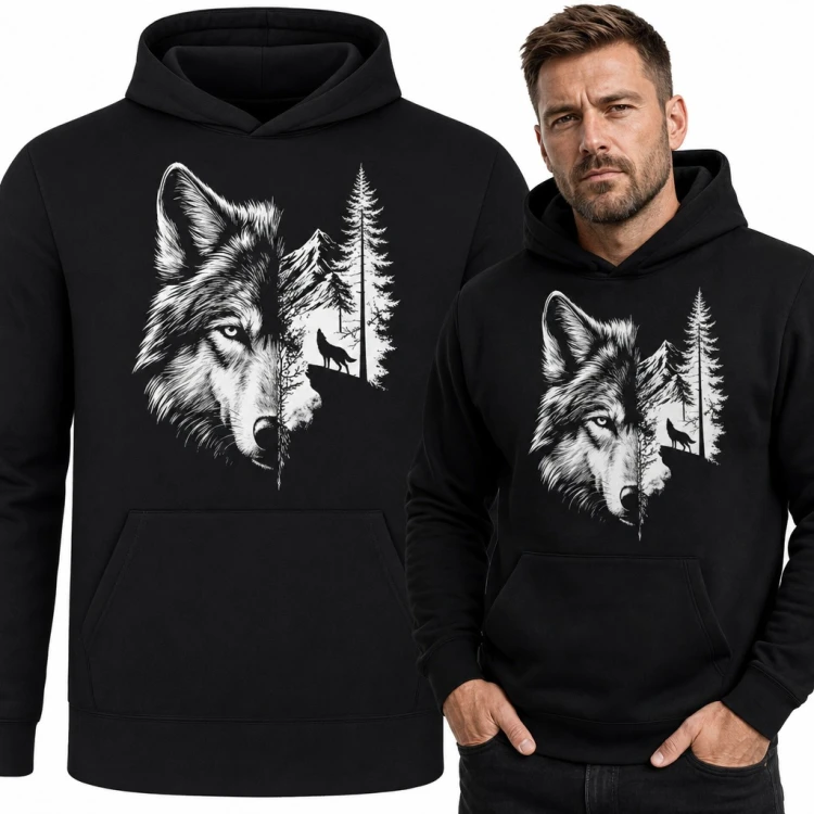 Bluza męska z kapturem - wilk i leśny krajobraz z górami