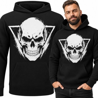 Bluza męska z kapturem - biała czaszka w trójkącie w stylu grunge