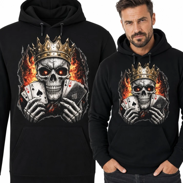 Bluza męska z kapturem - czaszka w koronie z asami dla pokerzysty