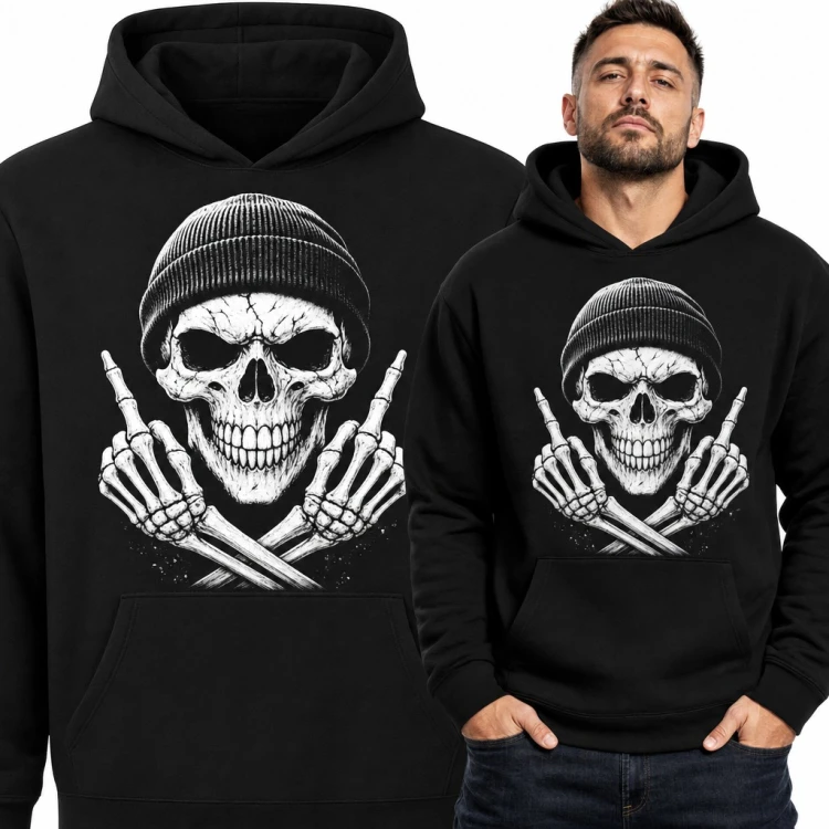 Bluza męska z kapturem - czaszka w czapce beanie pokazująca środkowe palce