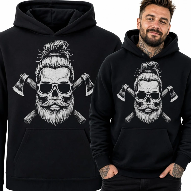 Bluza męska z kapturem - czaszka brodatego hipstera ze skrzyżowanymi siekierami