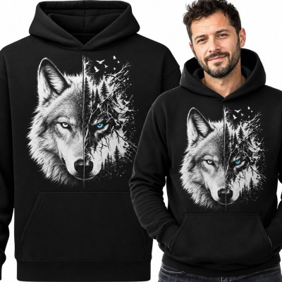 Bluza męska z kapturem - wilk z niebieskim okiem i nocnym lasem
