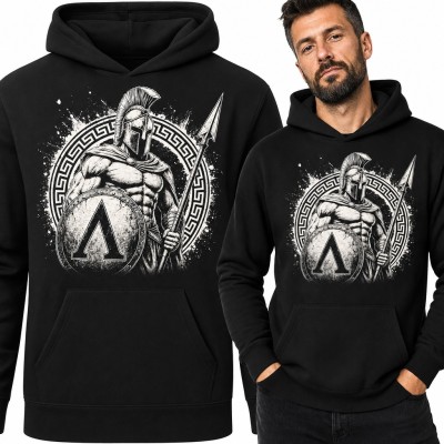 Bluza męska z kapturem - spartański wojownik z tarczą lambda i włócznią