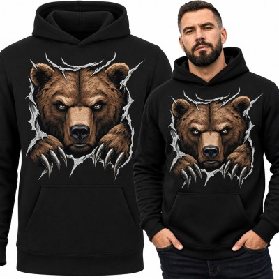 Bluza męska z kapturem - niedźwiedź grizzly rozrywający materiał pazurami