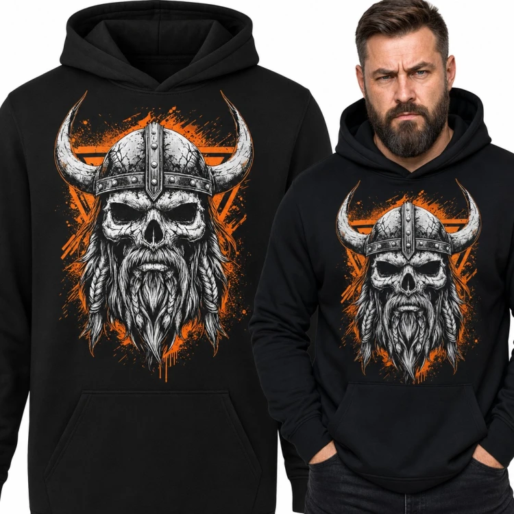 Bluza męska z kapturem - czaszka wikinga w rogatym hełmie z warkoczami