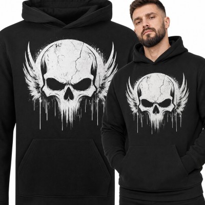 Bluza męska z kapturem - pęknięta czaszka ze skrzydłami w stylu grunge