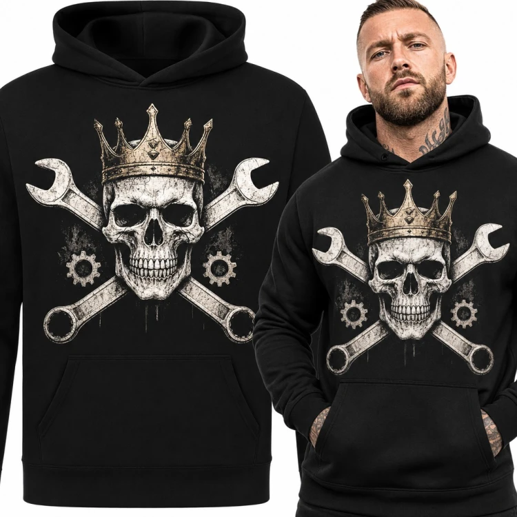 Bluza męska z kapturem - czaszka w koronie i skrzyżowane klucze dla mechanika