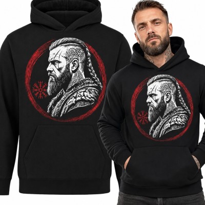 Bluza męska z kapturem - wiking z warkoczem i runą Vegvisir w czerwonym okręgu