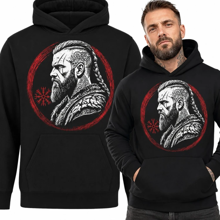 Bluza męska z kapturem - wiking z warkoczem i runą Vegvisir w czerwonym okręgu