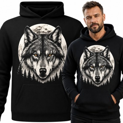 Bluza męska z kapturem - wilk z blizną na tle pełni księżyca i lasu
