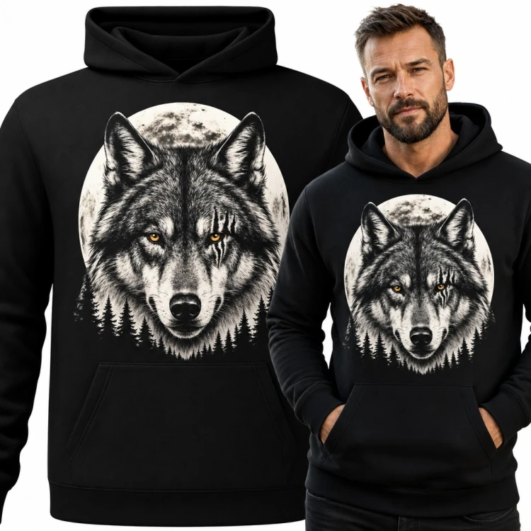 Bluza męska z kapturem - wilk z blizną na tle pełni księżyca i lasu