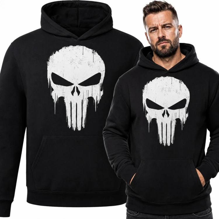 Bluza męska z kapturem - biała czaszka grunge ze ściekającą farbą