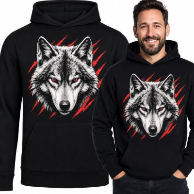 Bluza męska z kapturem - wilk alfa na tle czerwonych pazurów