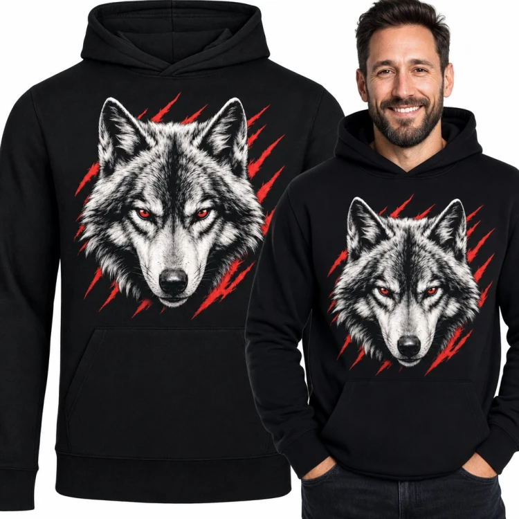 Bluza męska z kapturem - wilk alfa na tle czerwonych pazurów