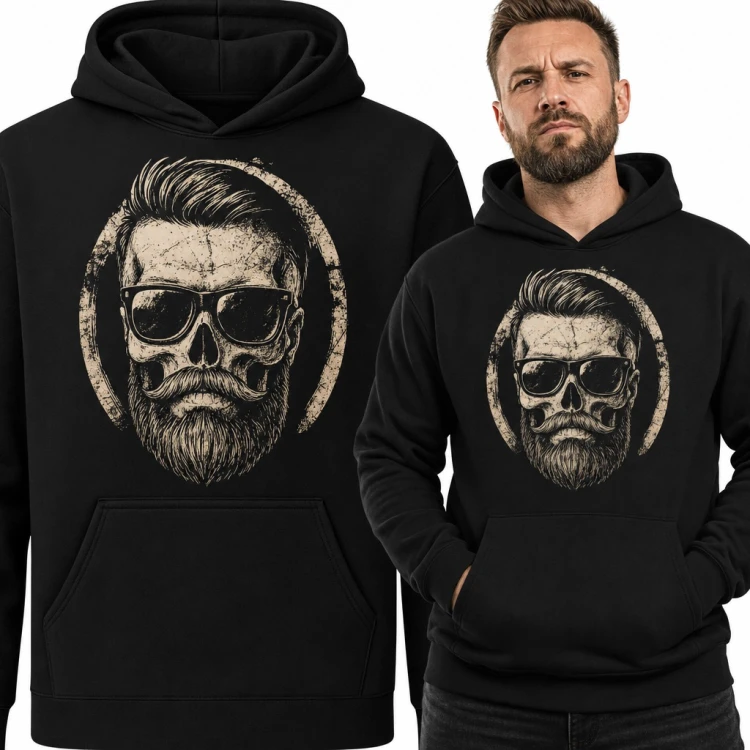 Bluza męska z kapturem - czaszka hipstera z brodą, wąsami i okularami
