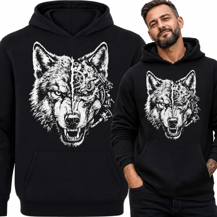 Bluza męska z kapturem - wilk cyborg z mechaniczną połową głowy