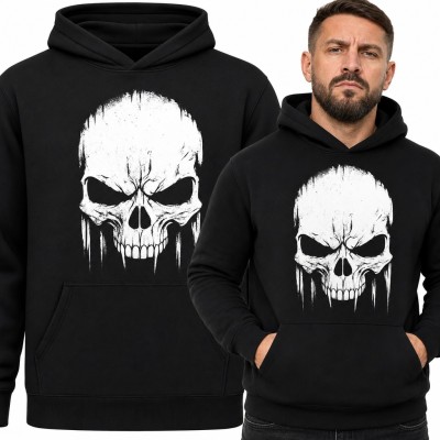 Bluza męska z kapturem - biała czaszka grunge z ociekającymi smugami