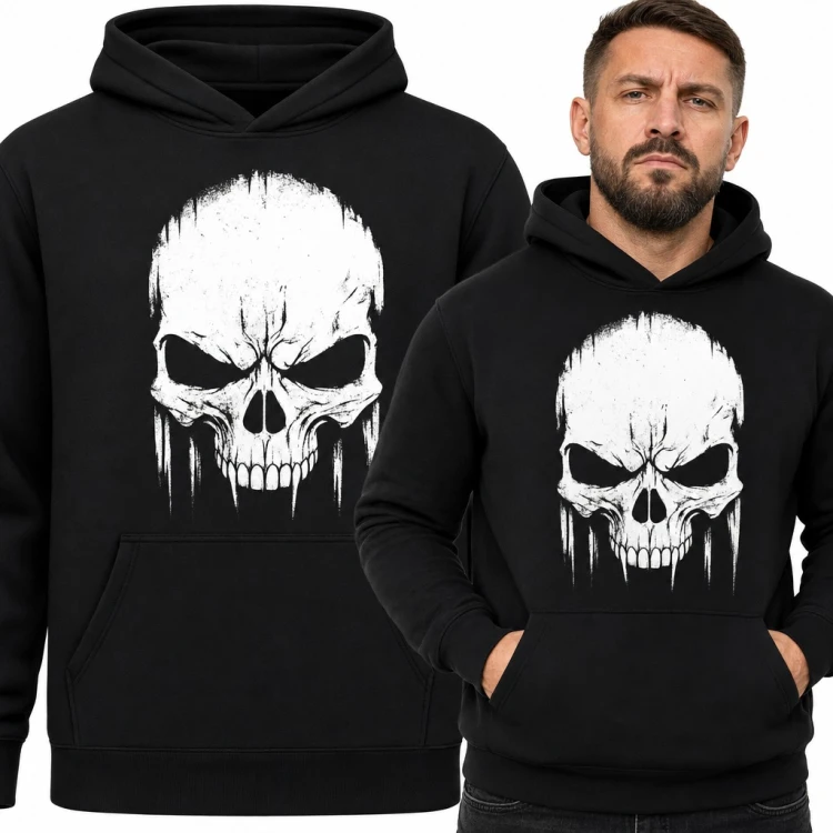 Bluza męska z kapturem - biała czaszka grunge z ociekającymi smugami