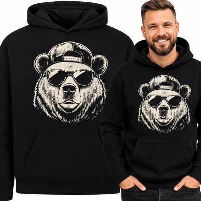 Bluza męska z kapturem - niedźwiedź w okularach i czapce z daszkiem w stylu hip hop