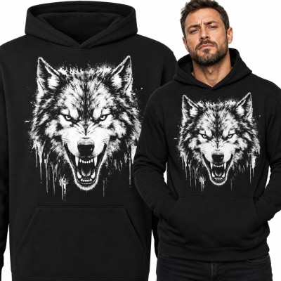 Bluza męska z kapturem - warcząca głowa wilka z efektem ociekającej farby
