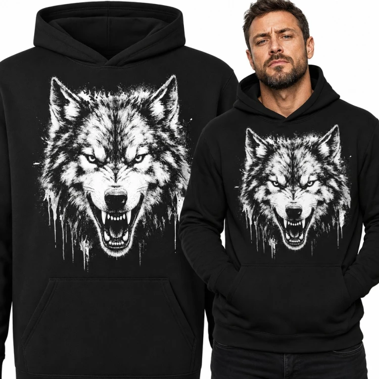 Bluza męska z kapturem - warcząca głowa wilka z efektem ociekającej farby