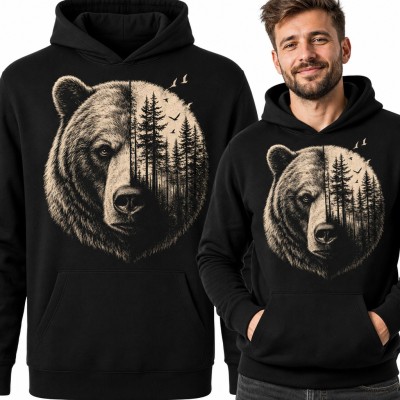 Bluza męska z kapturem - niedźwiedź grizzly z lasem iglastym w kole