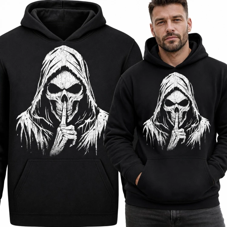 Bluza męska z kapturem - ponury żniwiarz z czaszką i gestem ciszy