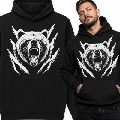 Bluza męska z kapturem - ryczący niedźwiedź grizzly i ślady pazurów