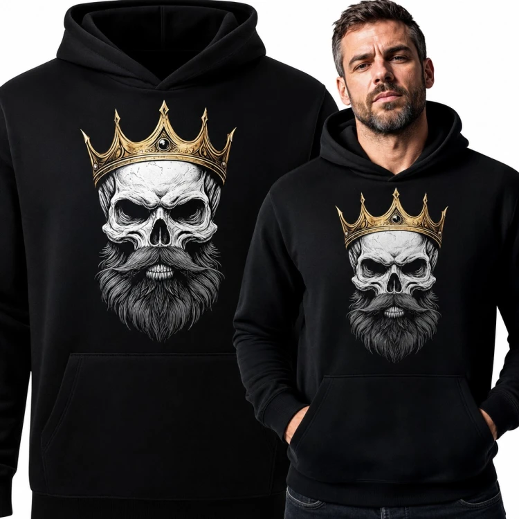 Bluza męska z kapturem - czaszka z brodą w złotej koronie