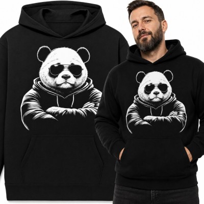 Bluza męska z kapturem - panda w okularach pilotkach ze skrzyżowanymi rękami