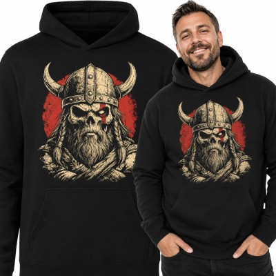 Bluza męska z kapturem - czaszka wikinga w rogatym hełmie na tle czerwonego słońca