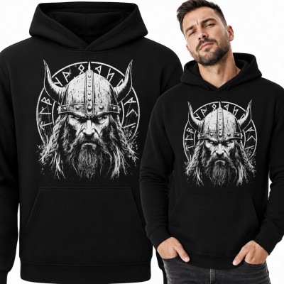 Bluza męska z kapturem - wiking w rogatym hełmie w kręgu run nordyckich