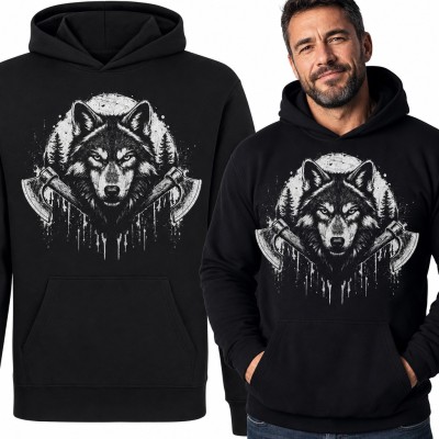 Bluza męska z kapturem - wilk ze skrzyżowanymi toporami na tle lasu