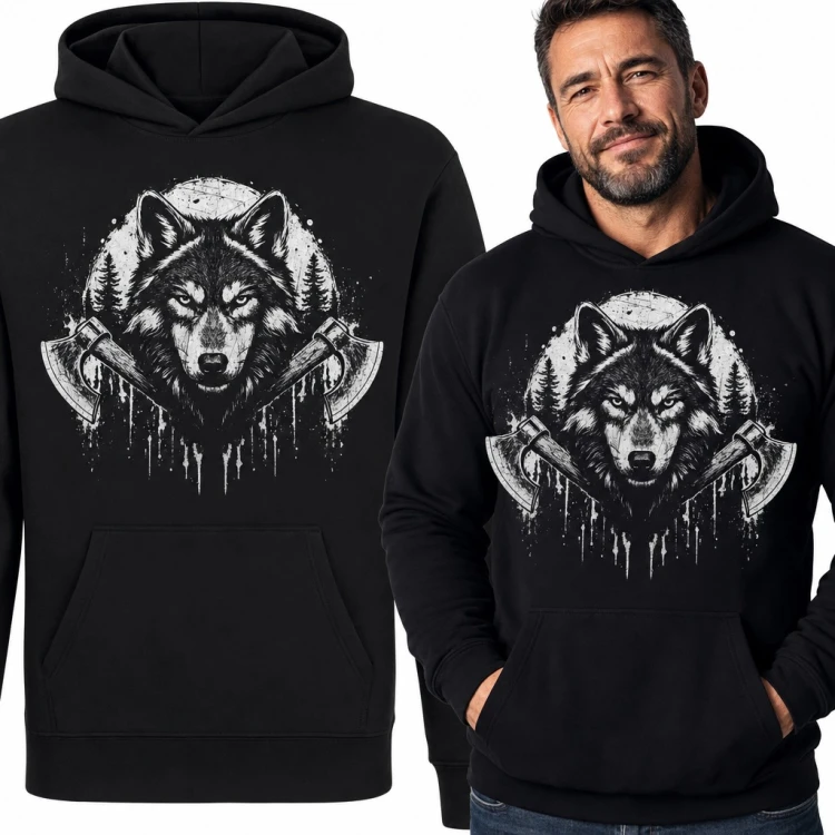 Bluza męska z kapturem - wilk ze skrzyżowanymi toporami na tle lasu
