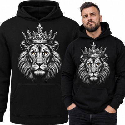 Bluza męska z kapturem - lew w srebrnej koronie z bursztynowymi oczami