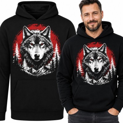 Bluza męska z kapturem - wilk na tle czerwonego księżyca i lasu