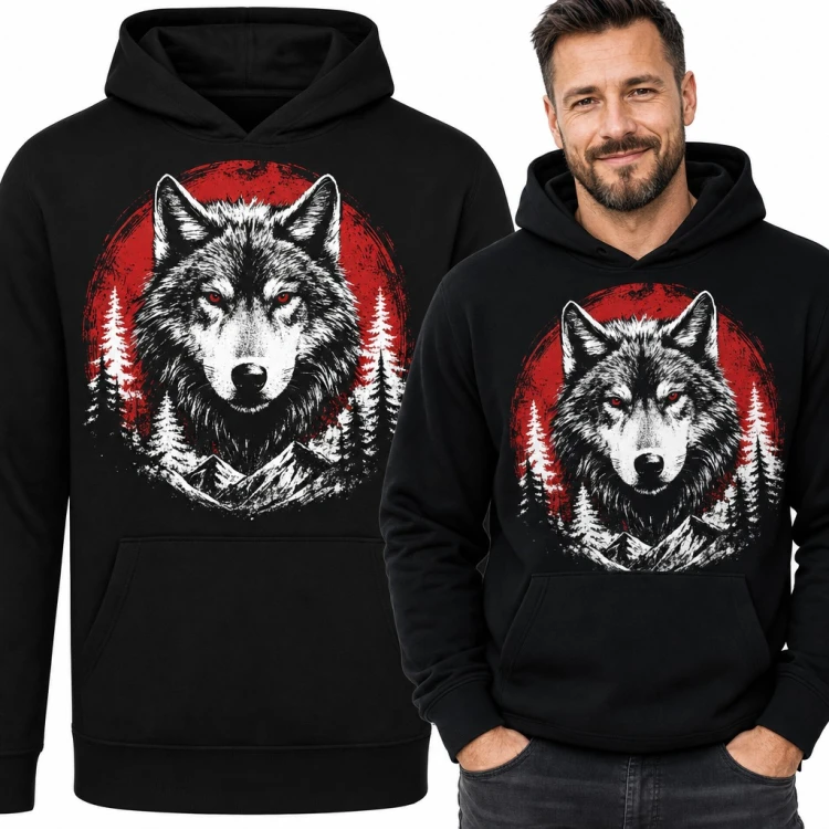 Bluza męska z kapturem - wilk na tle czerwonego księżyca i lasu